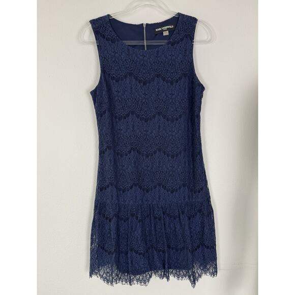 Karl Lagerfeld Lace Dress Womens 8 Medium Navy Blue Cocktail - Picture 1 of 8